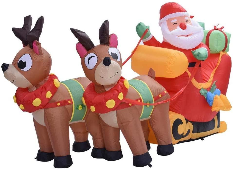 ZMDZA Christmas Inflatable Santa Cute Doll Pulled by 2 Reindeer Lights Party Outdoor Garden Yard Decoration Christmas Doll