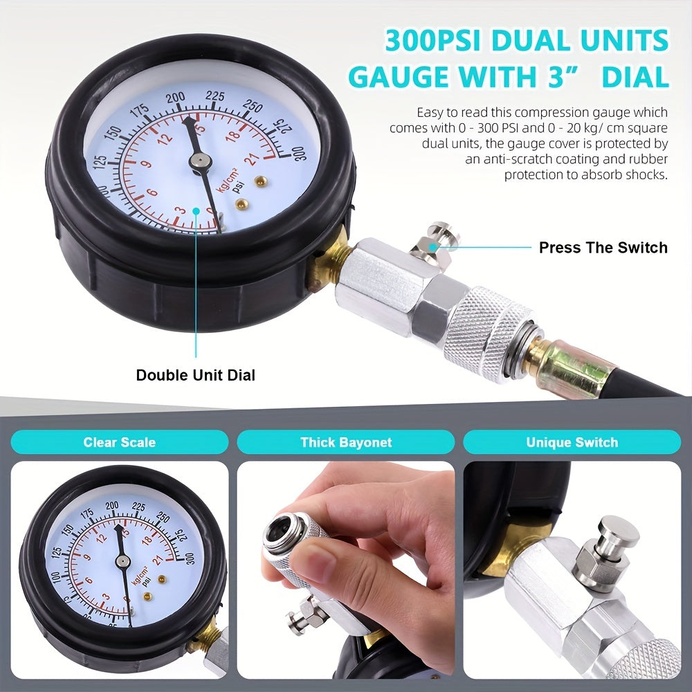 Boost Your Vehicle's Performance with This 9PCS Engine Cylinder Pressure Gau- 0-300PSI Compression Tester for Cars, Trucks, and Motorcycles!