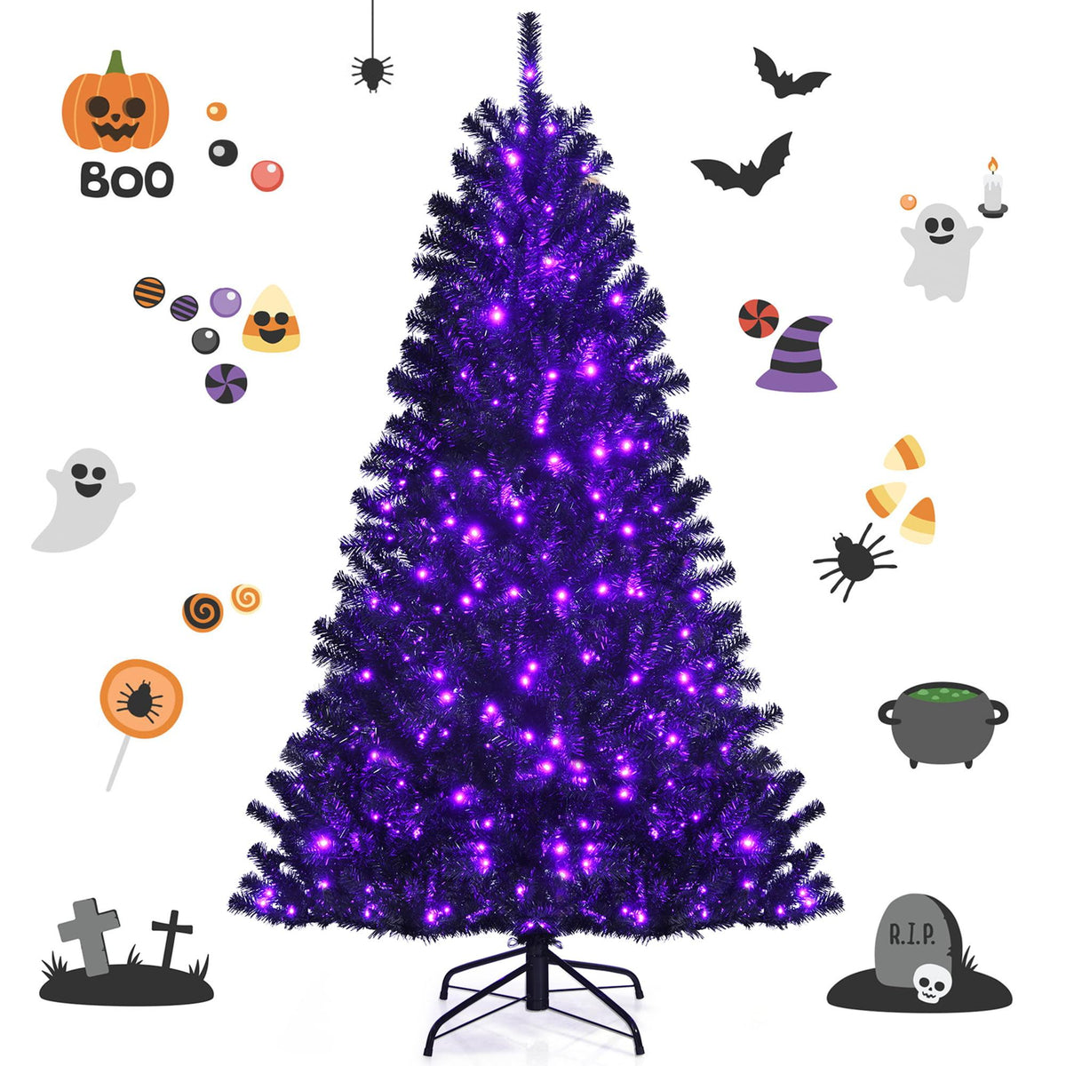 Gymax 6 FT Pre-lit Black Halloween Tree Artificial Hinged Christmas Tree