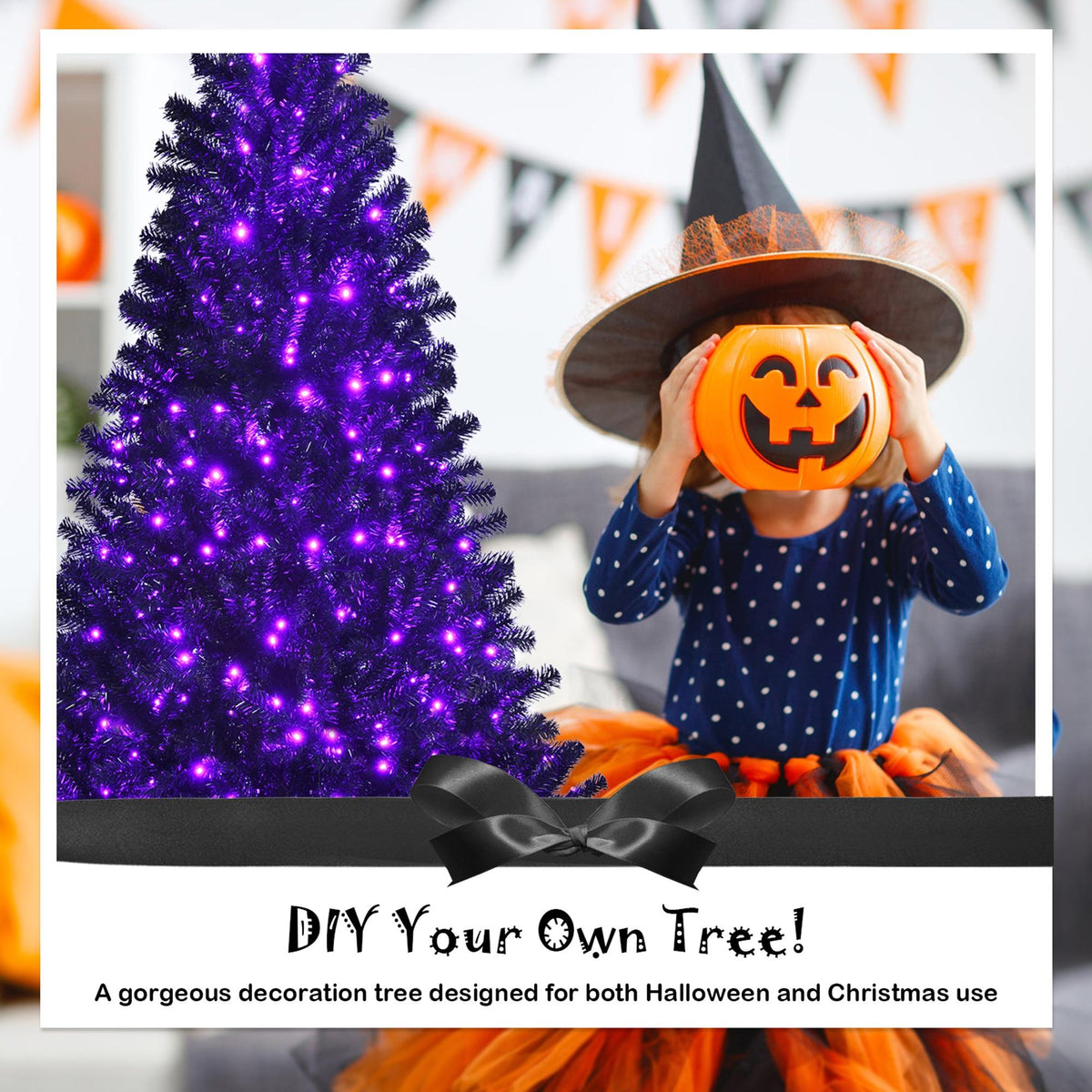 Gymax 6 FT Pre-lit Black Halloween Tree Artificial Hinged Christmas Tree