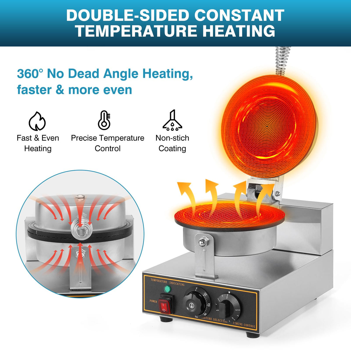 Commercial Waffle Cone Maker Machine, 110V 1200W  Steel Electric Ice Cream Cone Waffle Maker Machine with 8.3” Non-stick BaTray, Temperature & Time Control for Restaurant