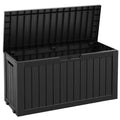 75 Gallon Outdoor Deck Box Waterproof, LarStoraBox for Patio, Resin StoraBench Lockable for Garden Tools, PackaDelivery, Black