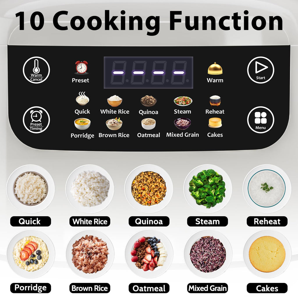 Portable Digital Rice Cooker, 6-Cup (Uncooked)/12-Cup (Cooked) Small Rice Maker with Steaming Basket, Mini Rice Cooker with 2L Removable Nonstick Inner Pot, 10 Menu Options, Auto Keep Warm, 24 Hour Delay Timer, White