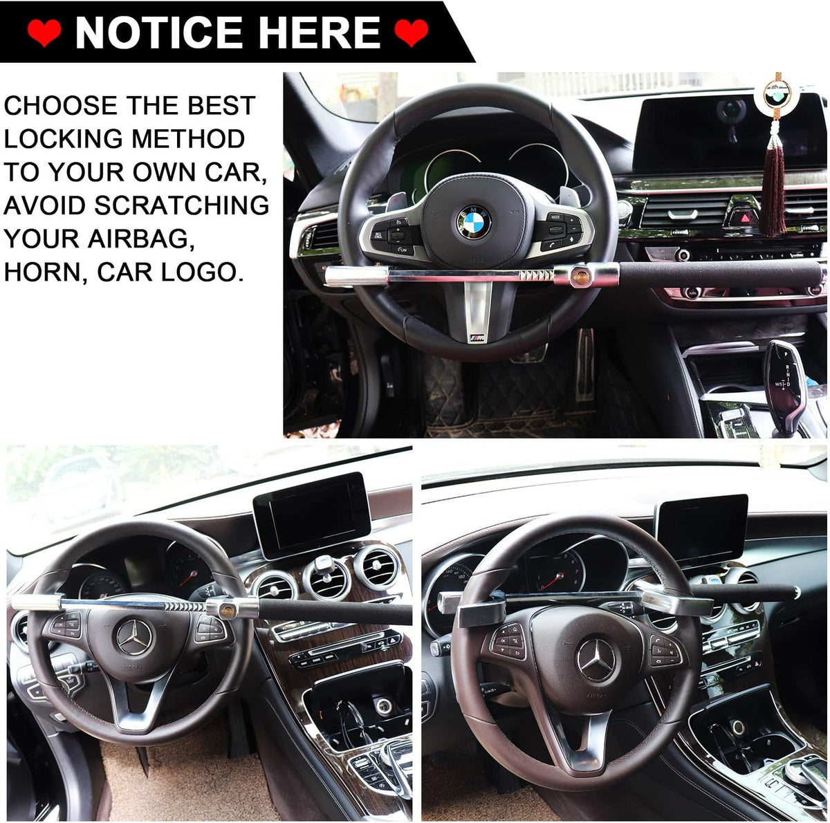 Tevlaphee Steering Wheel Lock Anti Theft Car Device Universal Car Theft Prevention Car Lock Adjustable Double Hook Emergency Hammer Window Breaker Self Defense Heavy Duty Secure (Black)