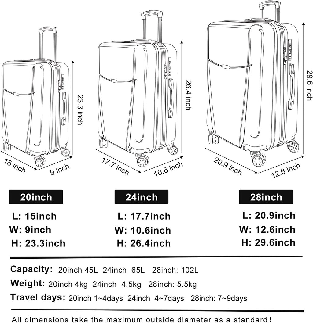 Luggage 3 Piece Set Suitcase Lightweight Hardside Removable-Spinner Wheels with TSA Lock(20',24',28')_Black, 828