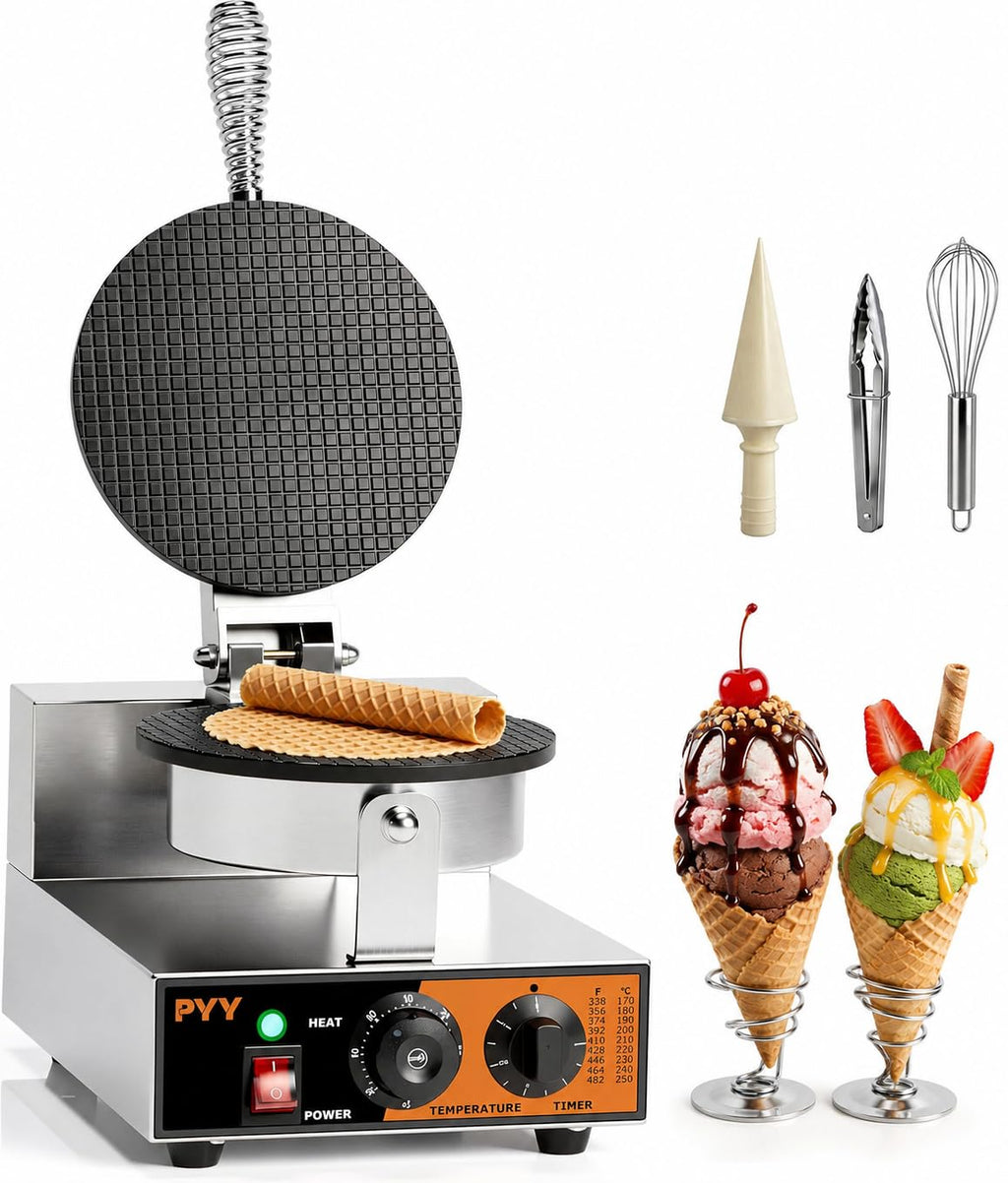 Commercial Waffle Cone Maker Machine, 1200W Ice Cream Cone Maker with Nonstick Plates, Adjustable Temperature & Timer,  Steel Electric Waffle Cone Baker for Ice Cream Shops, Cafes & Home