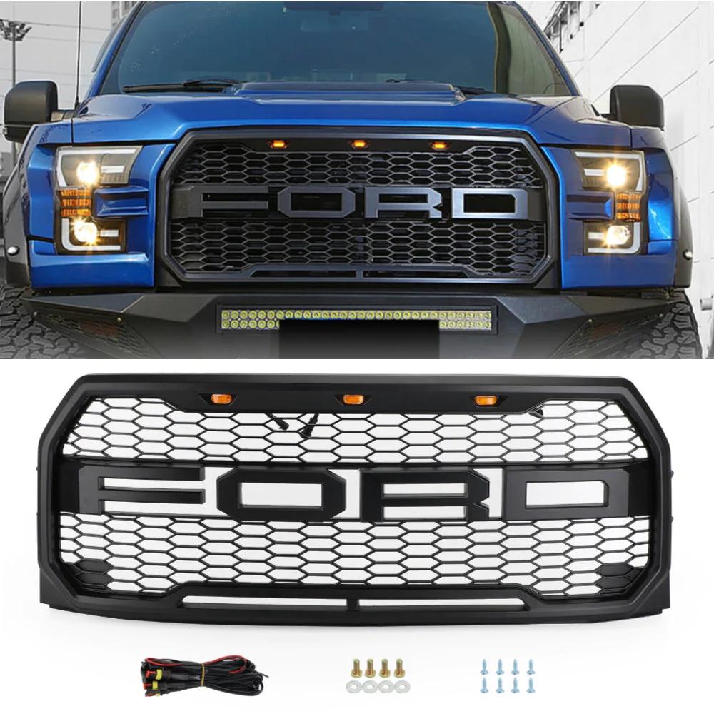 2015-2023 F150 Ford Raptor Style Black Front Bumper Grill W/ LED Grille Replacement Generic