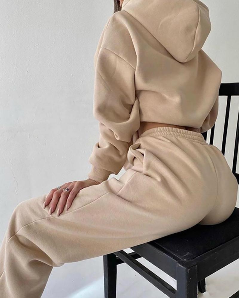 Long Sleeve Pocket Design Hooded Sweatshirt &amp; Cuffed Pants Set