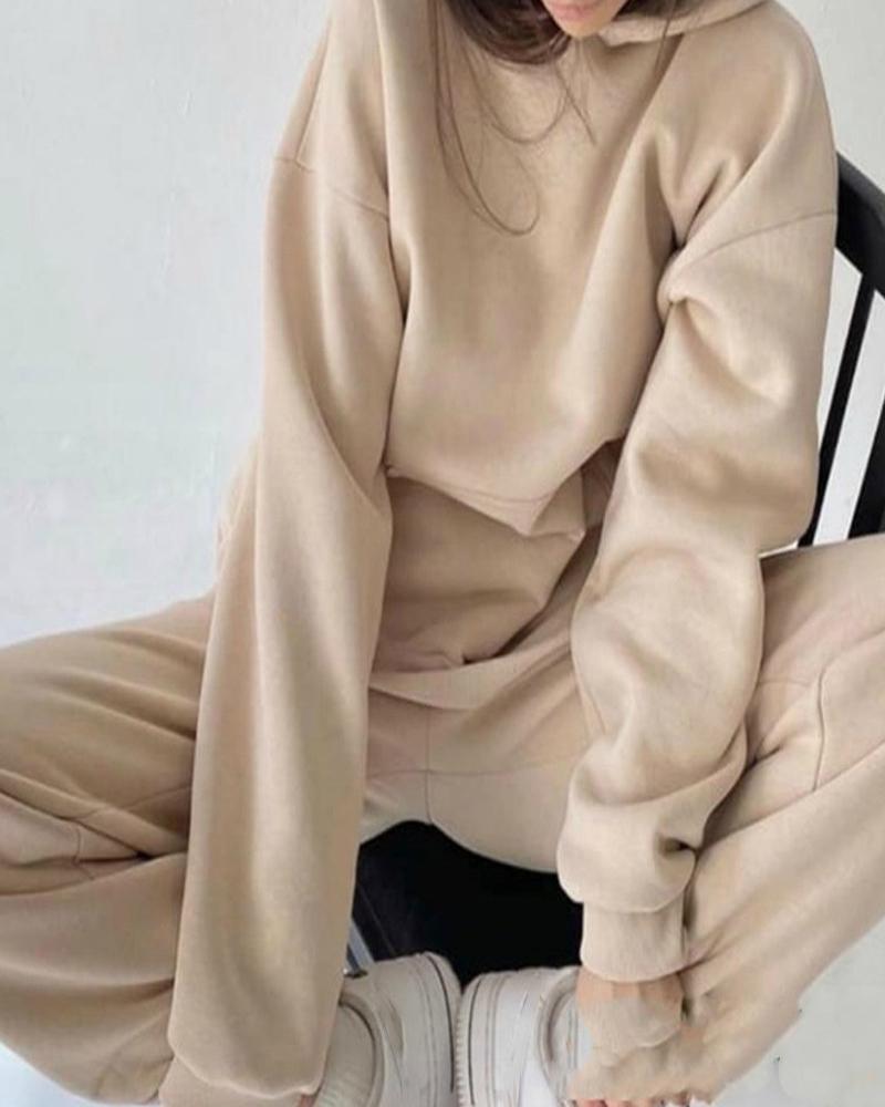Long Sleeve Pocket Design Hooded Sweatshirt &amp; Cuffed Pants Set