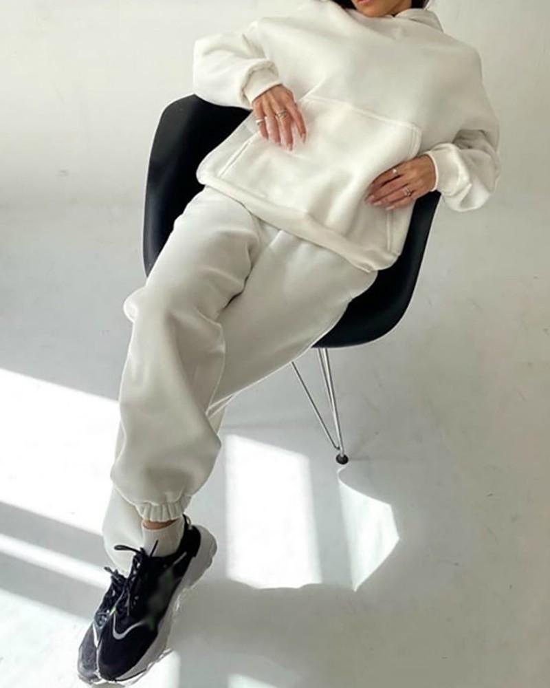 Long Sleeve Pocket Design Hooded Sweatshirt &amp; Cuffed Pants Set