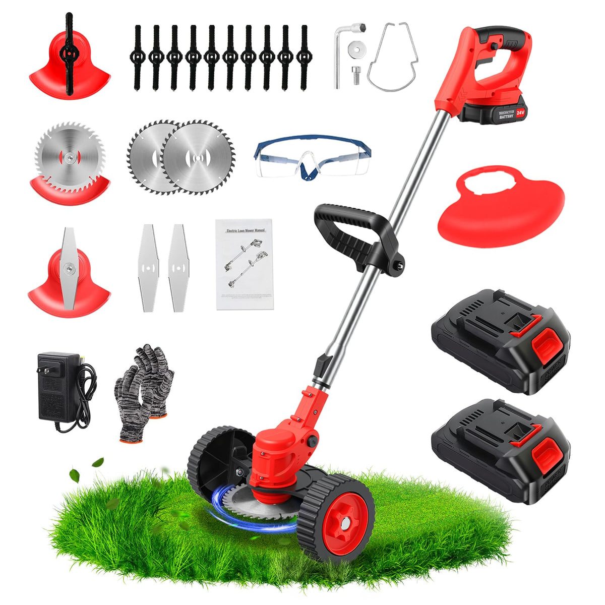 24V Electric Weed Wacker with Wheels, Grass Trimmer Cordless, 3 in 1 Weed Eater Battery Powered with 2pcs Batteries &amp; Charger, Weed Trimmer/Brush Cutter/Edger Lightweight for Lawn &amp; Yard