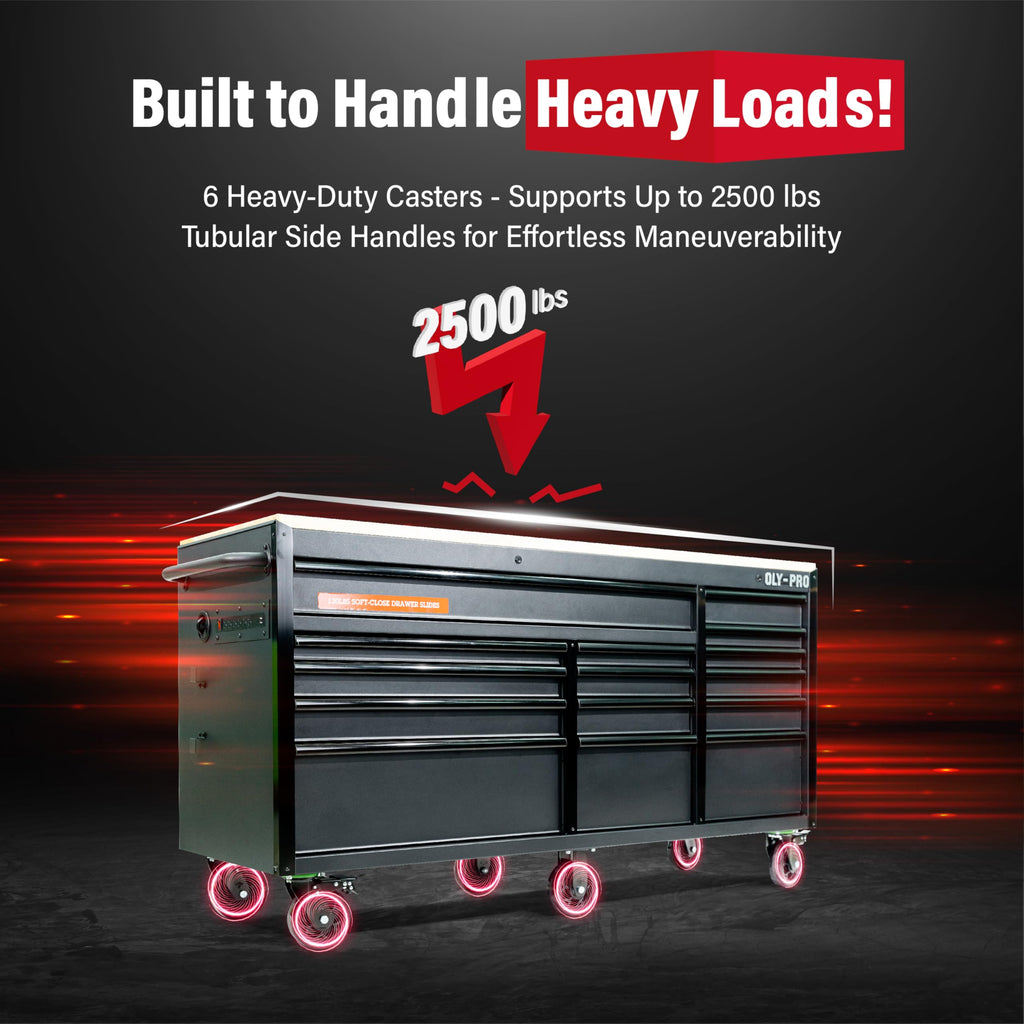 72 inch Heavy Duty Mobile Tool Chest Tool Box, with Solid Top Workbench, 15-Drawer Rolling Tool Chest, Tool StoraOrganizer for Garage, Workshop, and Home, Black