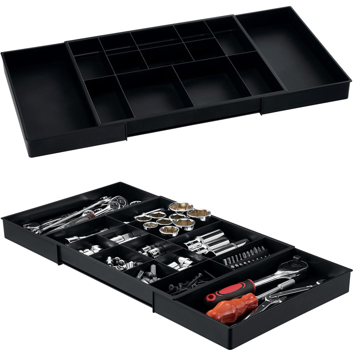 Tool Box Organizer Tray Divider Set, Expandable LarToolbox StoraTray Kit, Rolling Tool Chest Drawer Bins, Hardware Screwdrivers Pliers Organization, 2pcs low profile Trays.