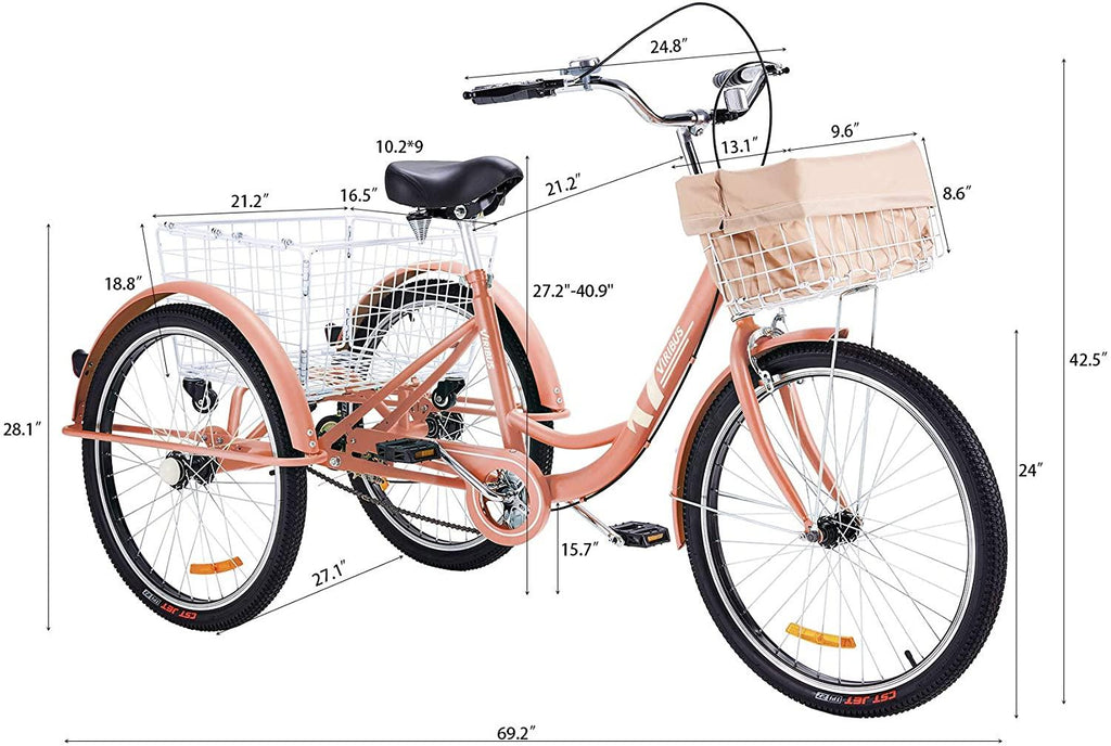 Viribus Adult Three Wheel Tricycle Single Speed Hybrid Cargo Cruiser Trike Bike with Removable Wheeled Basket Bell for Shopping or Dogs Dustproof Bag Exercise Bicycle (Pink/24)