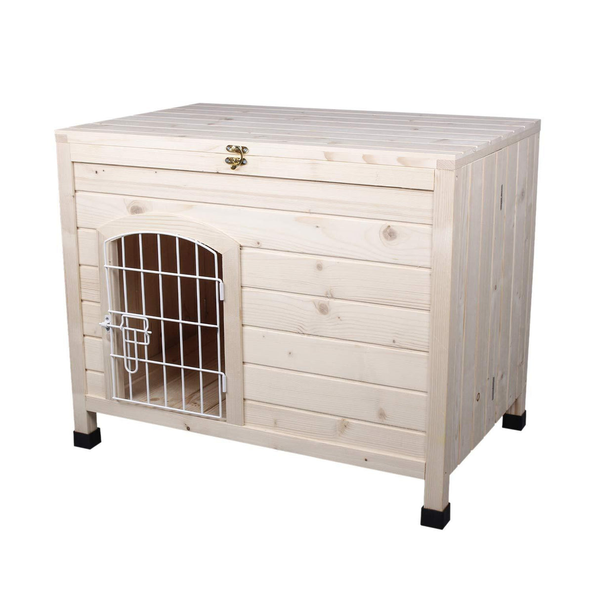 LINLUX Indoor Wooden Dog House with Wire Door, Foldable Kennel with Opening Roof &amp; Adjustable Feet, Only 4-Steps Assembled, Home Pet Furniture