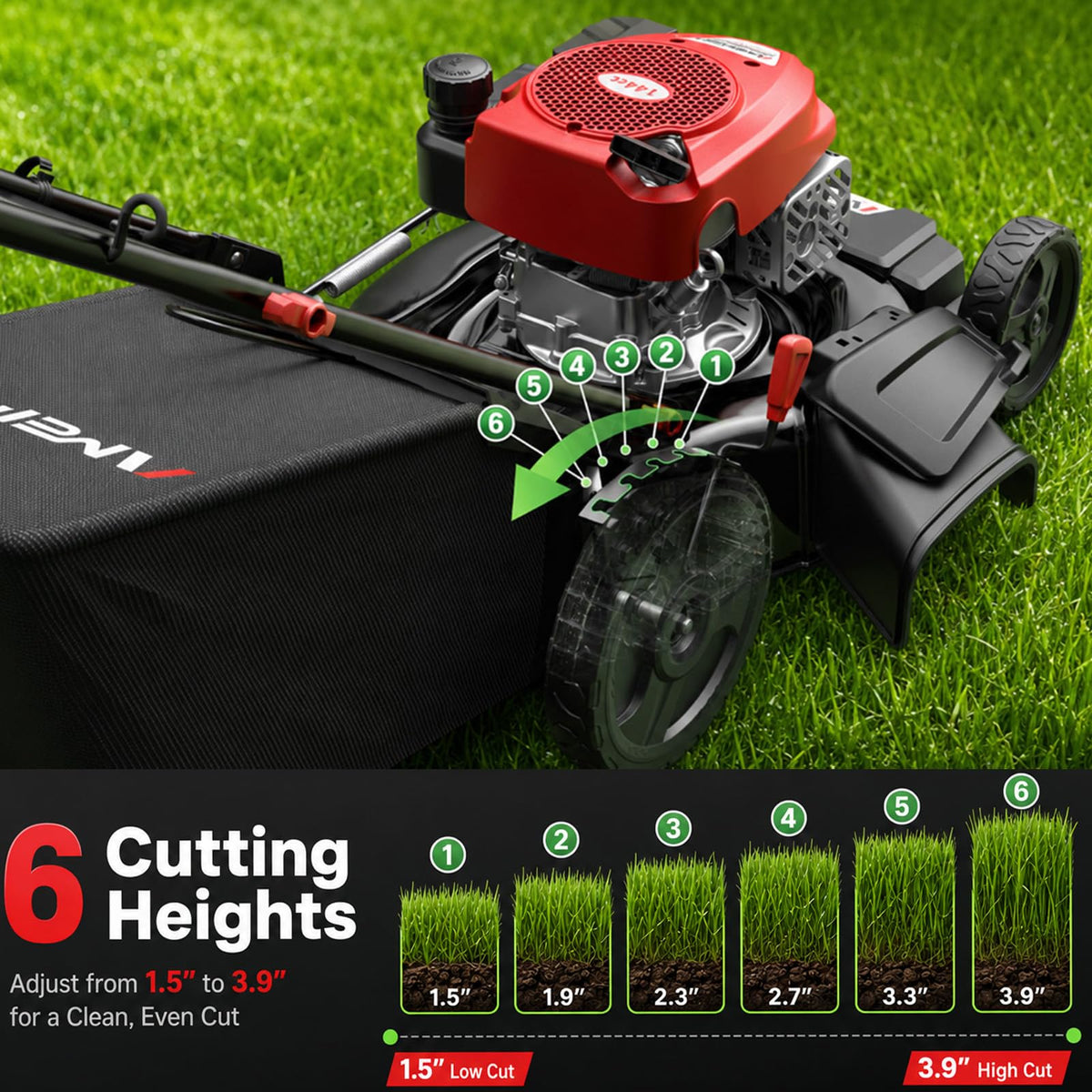 21" Steel Deck Gas Lawn Mower, 3-in-1 Push Mower, 144cc 4-Stroke OHV Engine, 6 Height Adjustment, 1.4 Bushel Grass Catcher with Bagging, Mulching &amp; Side DischarEfficient for Yard Garden