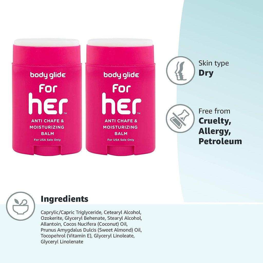 Body Glide For Her Anti Chafe Balm1.5oz: anti chafing stick with added emollients. Prevent rubbing leading to chafing, raw skin, and irritation. Use for arm, chest, bra, butt, groin, and thigh chafing