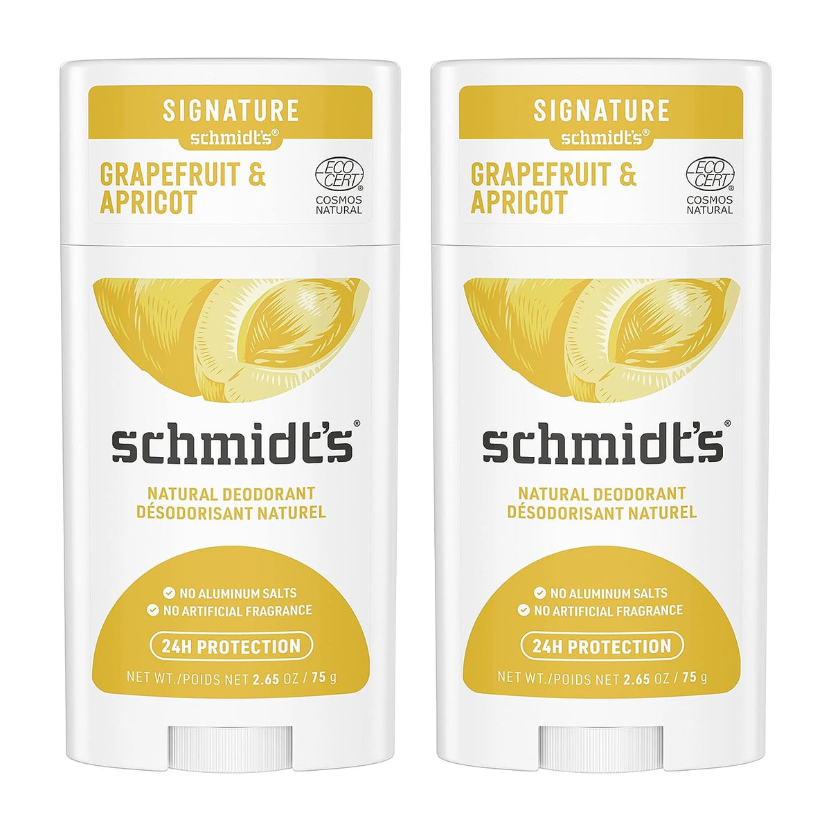 Schmidt's 100% Natural Origin Ingredient Deodorant Stick Grapefruit &amp; Apricot 2 Count For 24-Hour Odor Protection 2.65oz