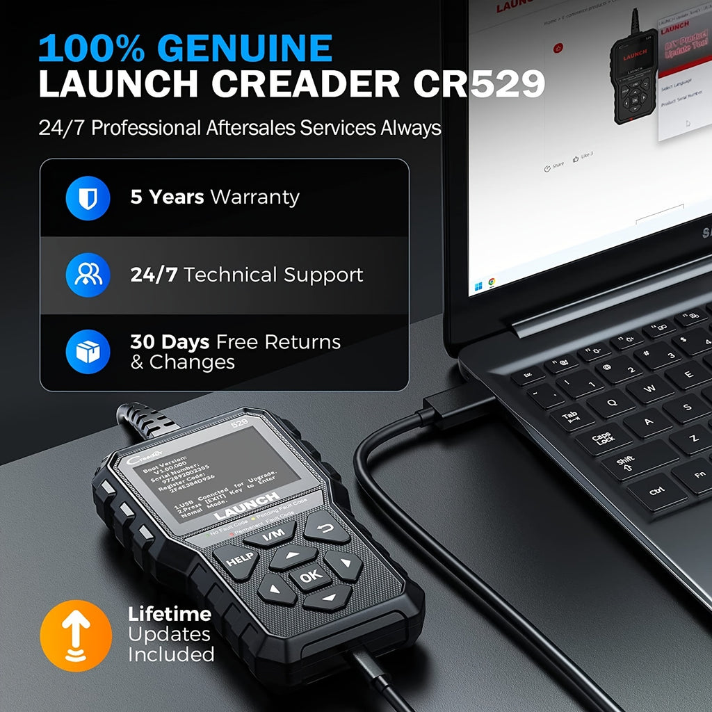 LAUNCH OBD2 Scanner CR529 One-Click I/M, Full OBDII Code Reader, 5 Years Quality Backup, F Ree Lifetime Update Diagnostic Scan Tool, Clear Codes