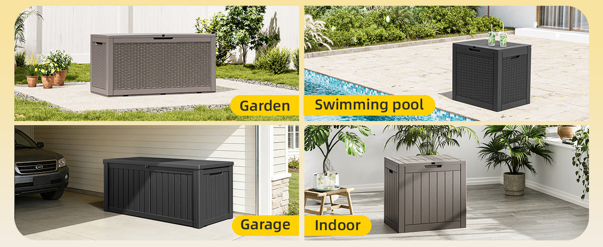 75 Gallon Outdoor Deck Box Waterproof, LarStoraBox for Patio, Resin StoraBench Lockable for Garden Tools, PackaDelivery, Black