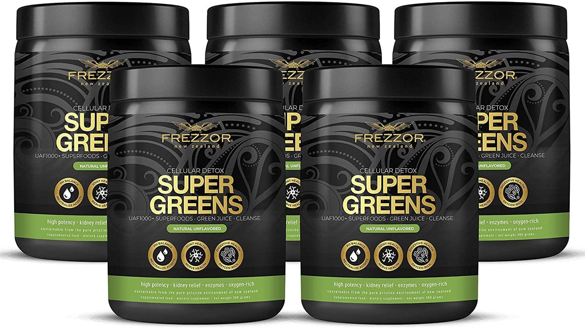 FREZZOR Super Greens Powder with UAF1000+, All-Natural New Zealand Green Fruit & Veggie Supplement, Energy, Vital Raw Veggies, ORAC Antioxidants, Enzymes, Detox & Cleanse, 1.5kg, 150 Serves, 5 Jars