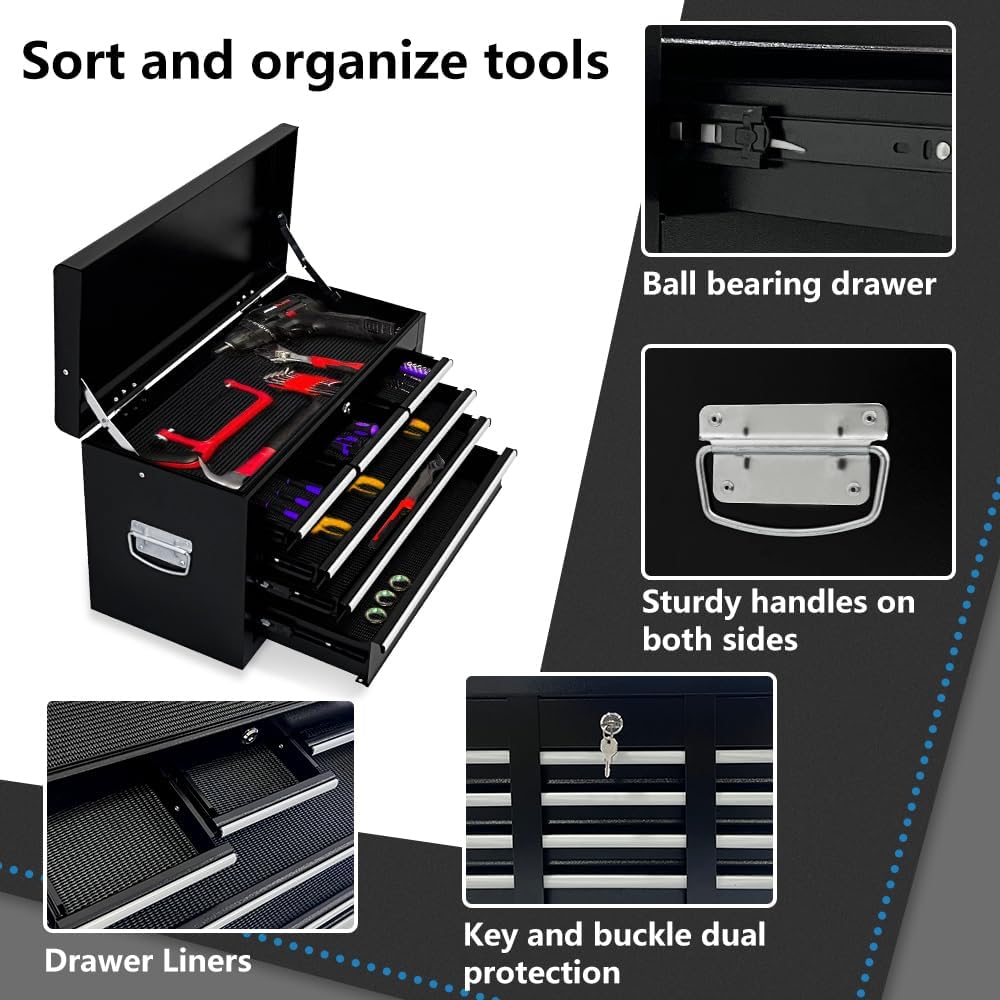 8-Drawer Rolling Tool Chest with Multiple Drawers, Heavy Duty Metal Tool Cabinet for Garaand Workshop Storage, Lockable Top Chest, Black
