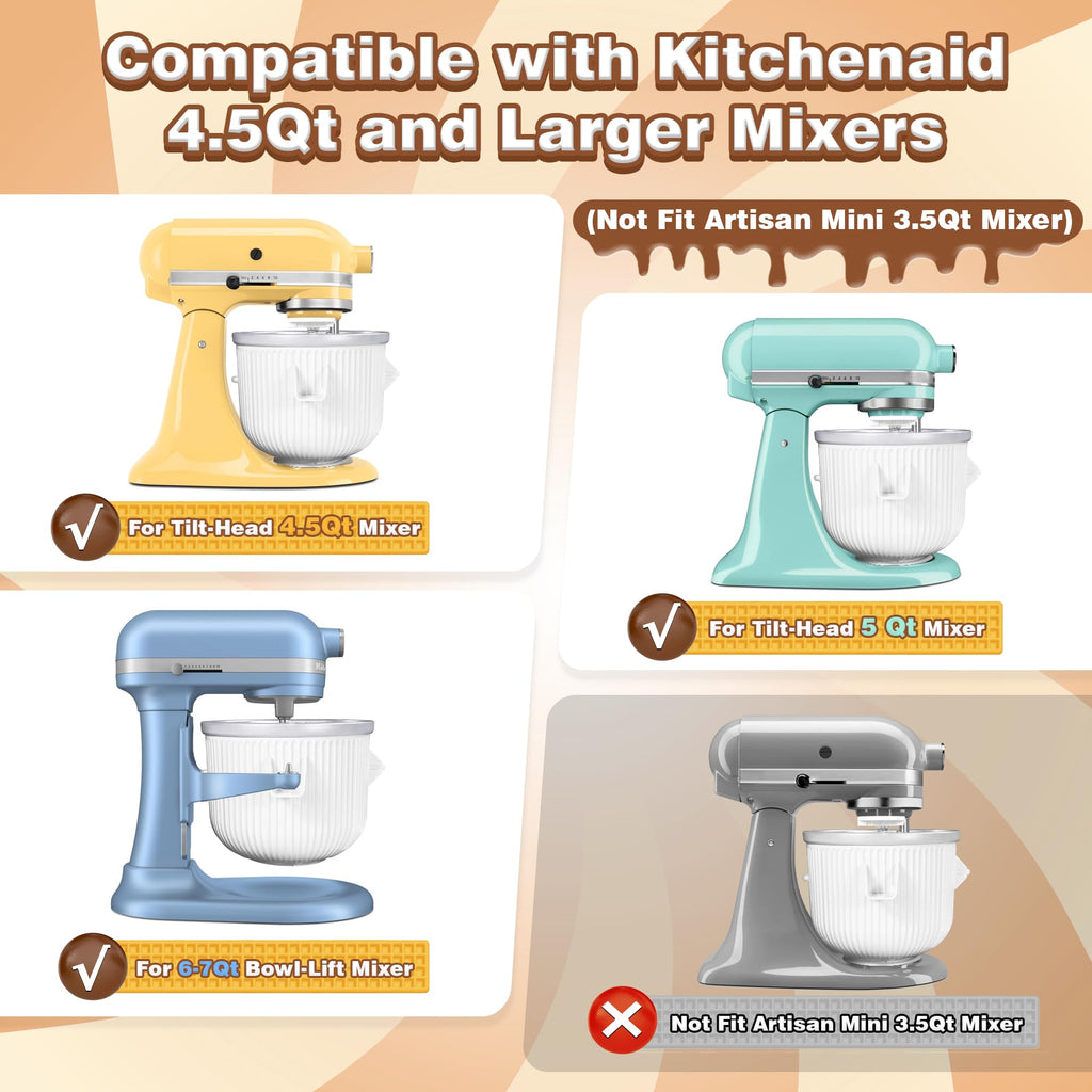 Ice Cream Maker Attachment for  Stand Mixer, Compatible with  4.5/5QT/6QT accessories and attachments, 2 Quart for  mixer attachments Frozen Yogurt/Gelato Maker