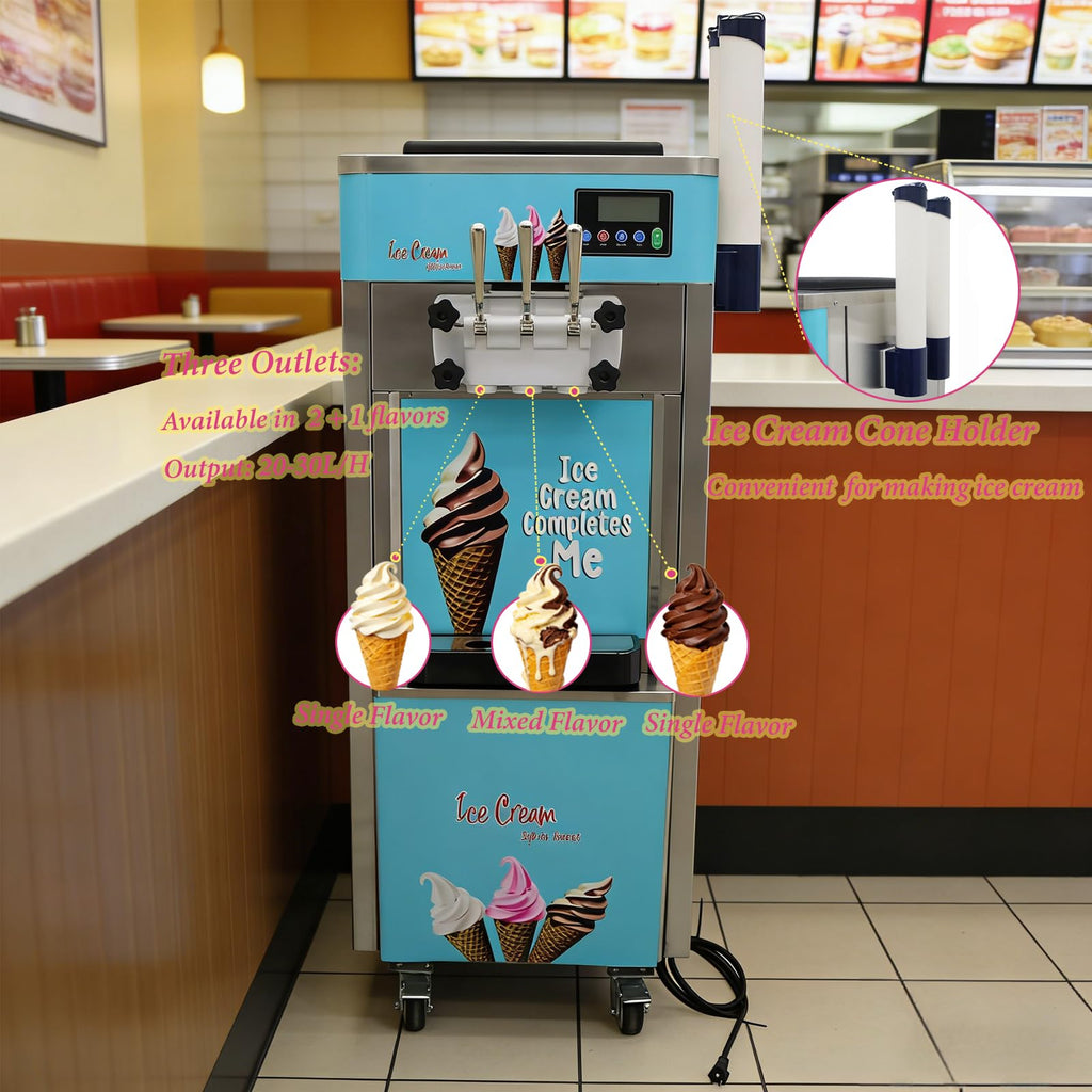 Commercial 3 Head Ice Cream Machine 20-30L/H Soft Serve Machine with Dual 6L Hoppers Automatic Cleaning Ice Cream Freezer for Shop Restaurant Cafe  Steel 1.8KW