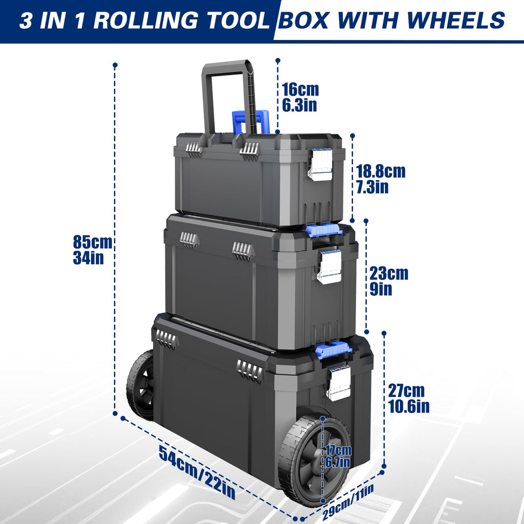 3 IN 1 Rolling Tool Box With Wheels,Stackable Tool Box,Modular Tools StoraOrganizer,Top Small Parts Organizer ,With Removable Small Parts Box,for Home,Repair,GaraStorage,17 IN+19 IN+21 IN