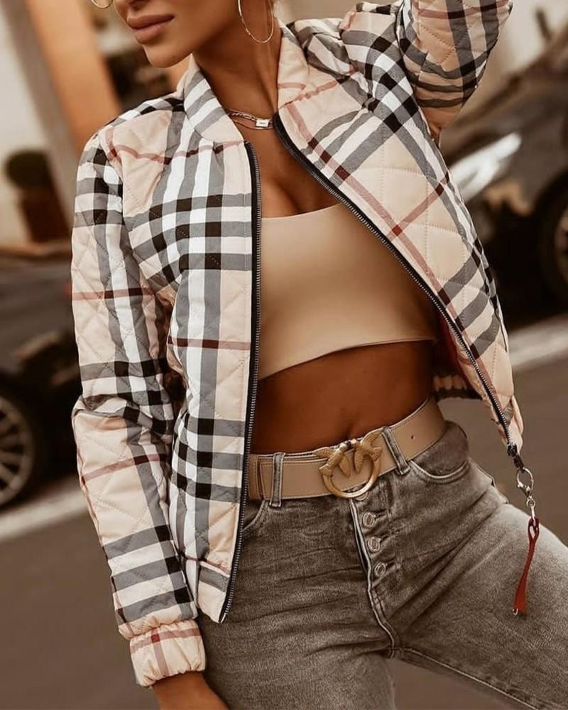 Plaid Print Long Sleeve Zipper Up Puffer Jacket