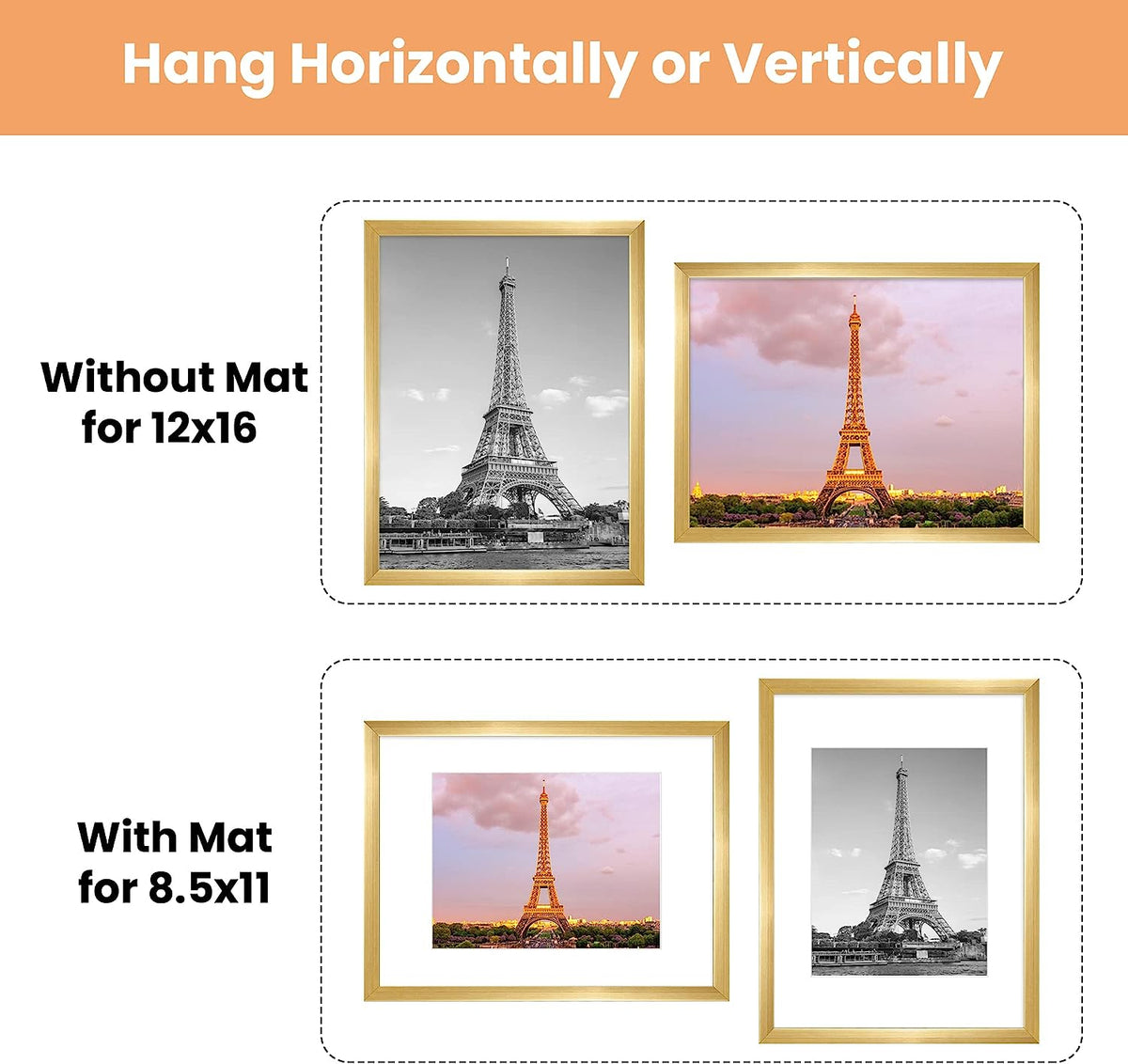 upsimples 12x16 Picture Frame Set of 5, Display Pictures 8.5x11 with Mat or 12x16 Without Mat, Wall Gallery Photo Frames,Gold