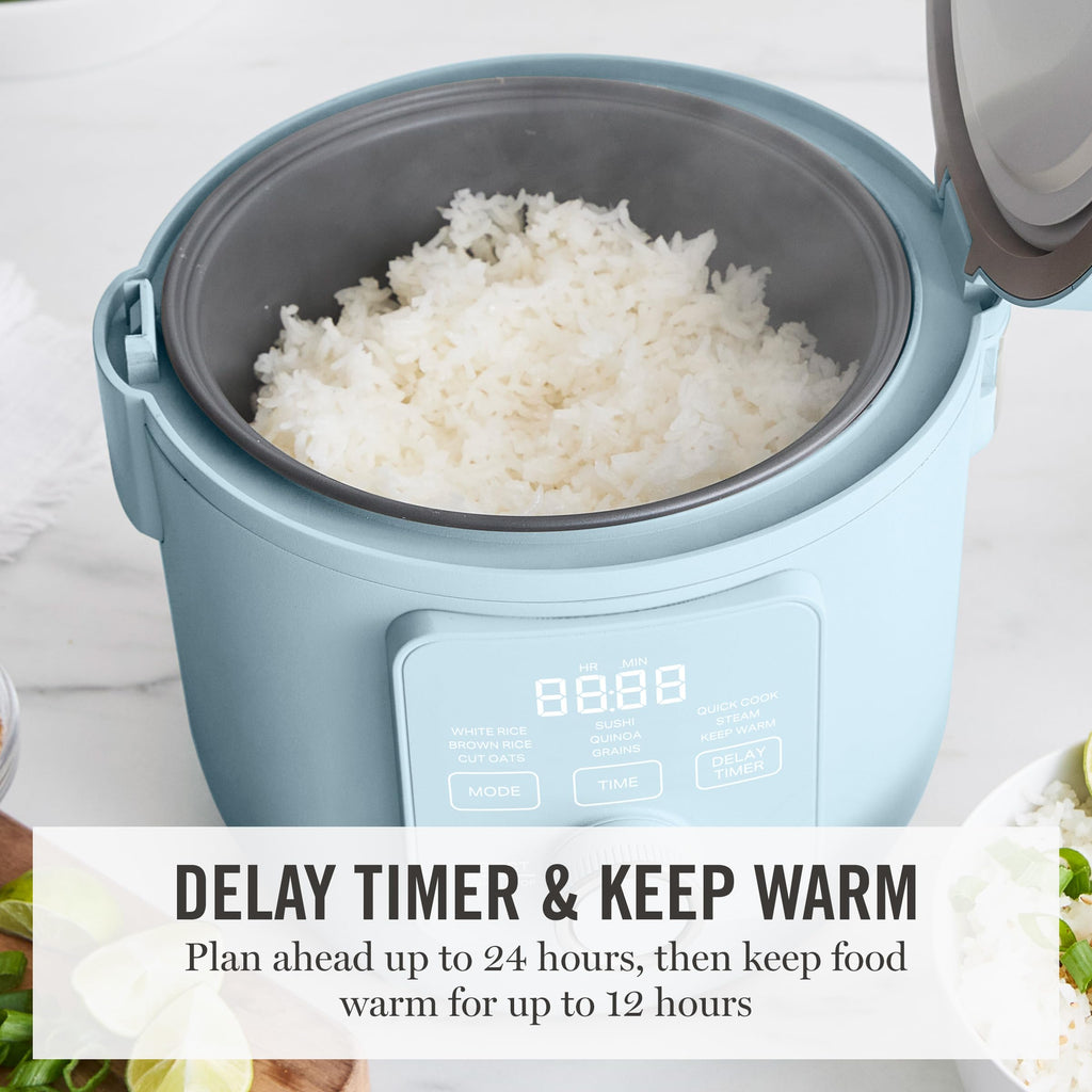 Rice Cooker, 4 Cup (Uncooked) / 8 Cup (Cooked), Ceramic Non-Stick Removable Pot, Keep Warm, Measure Markings, Steam Basket, Brown & Sushi Rice,  Cook, Quinoa, Grains, Oats, Sky Blue