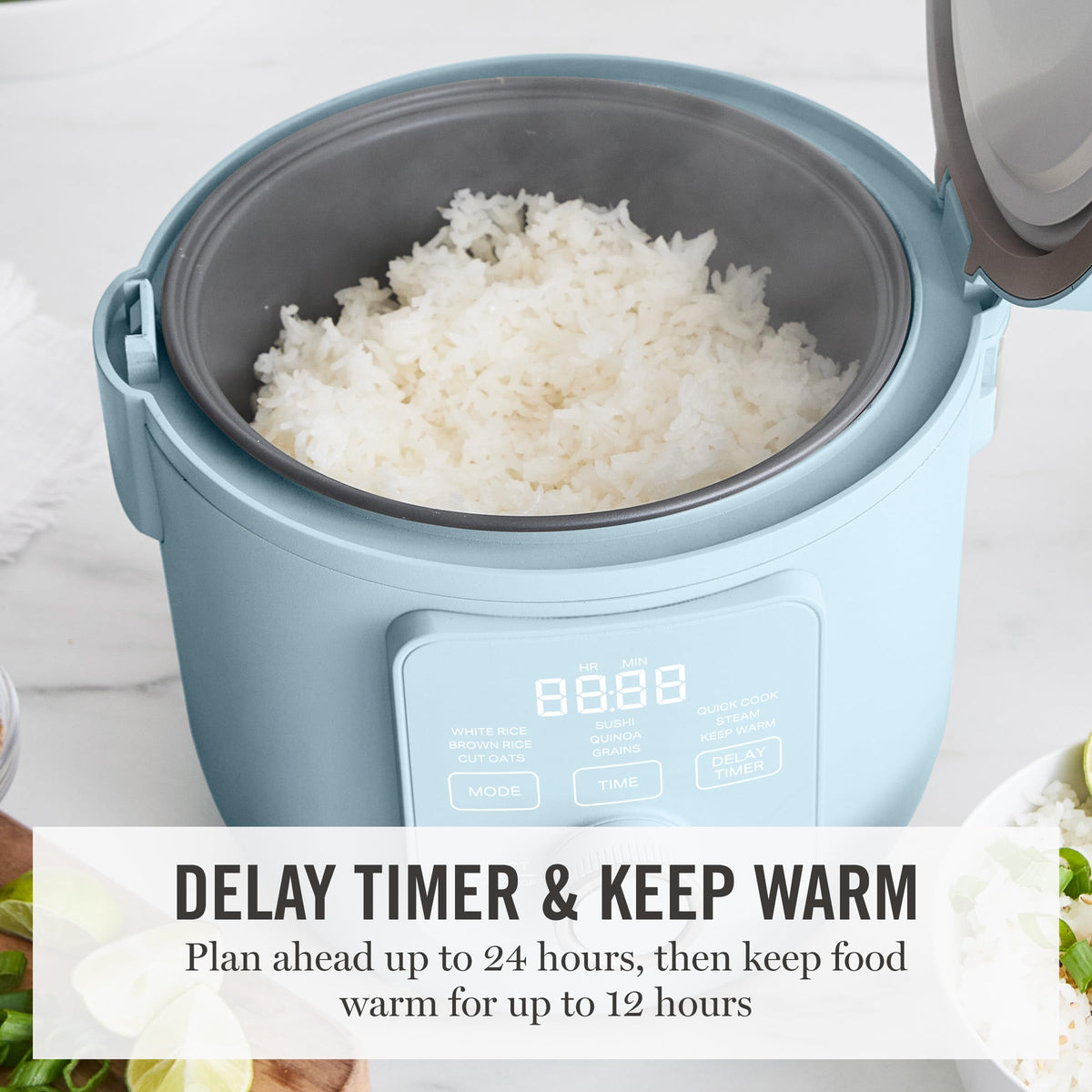 Rice Cooker, 4 Cup (Uncooked) / 8 Cup (Cooked), Ceramic Non-Stick Removable Pot, Keep Warm, Measure Markings, Steam Basket, Brown & Sushi Rice,  Cook, Quinoa, Grains, Oats, Sky Blue