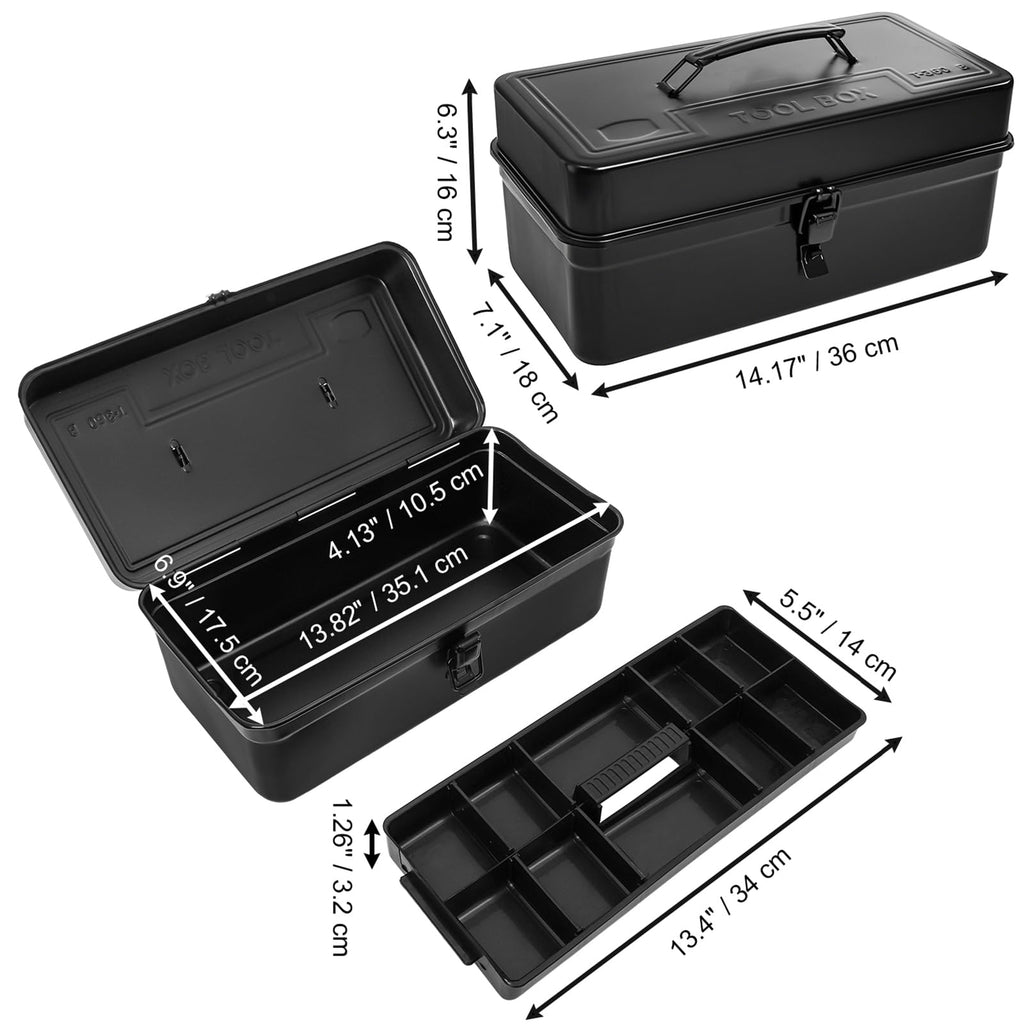 Metal Tool Box, 14" Portable Empty Toolbox with Handle, Latch Closure and Removable Divided StoraTray, Heavy Duty  Tools Organizer, Black