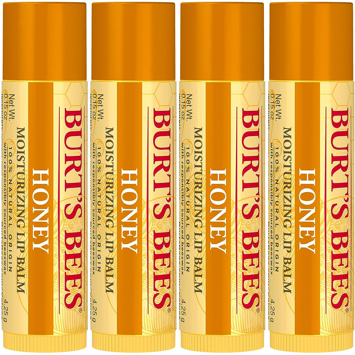 Burt's Bees 100% Natural Moisturizing Lip Balm, Honey with Beeswax - 4 Tubes