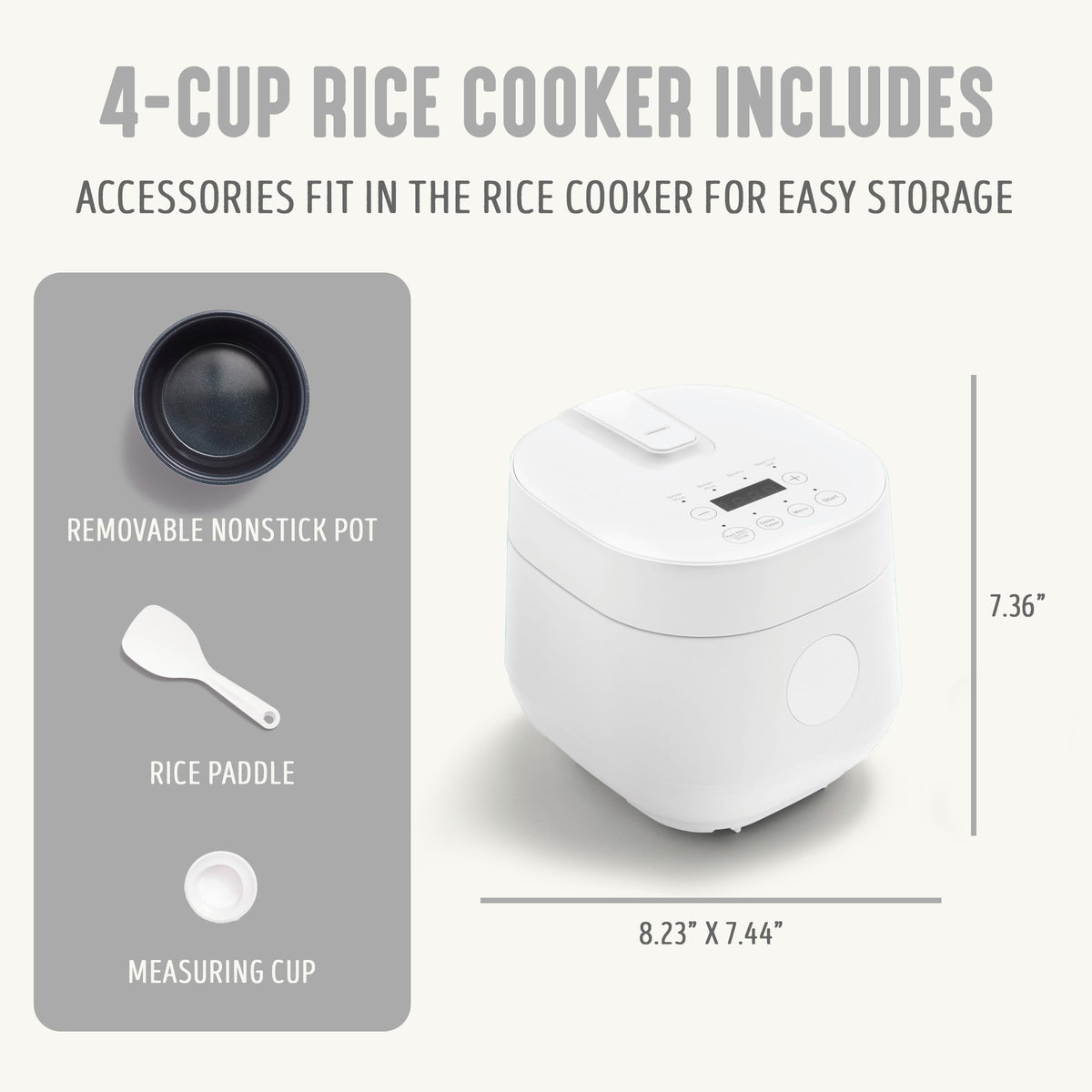 Digital Rice Cooker, 2-Cups Uncooked/4-Cups Cooked, Removable Nonstick Ceramic PFAS-Pot, One-Touch Presets, Oats, Quinoa, Brown Rice, Auto Keep Warm, Fuzzy Logic Tech, 1.5QT, White