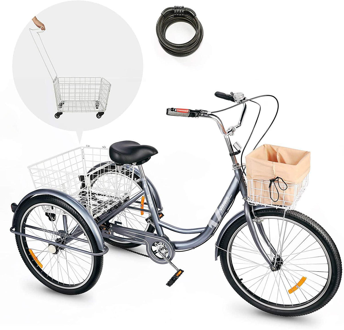 Viribus Adult Three Wheel Tricycle Single Speed Hybrid Cargo Cruiser Trike Bike with Removable Wheeled Basket Bell for Shopping or Dogs Dustproof Bag Exercise Bicycle (Gray/26)