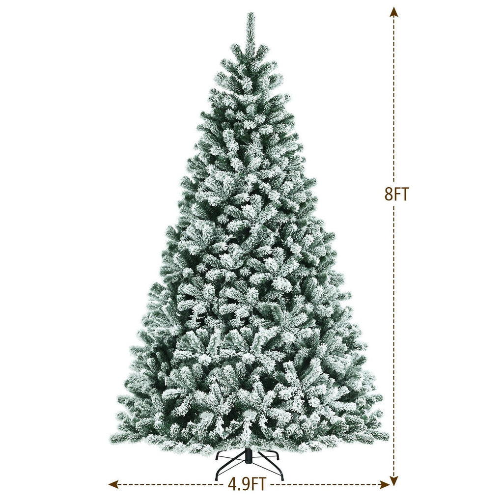 8ft Pre-lit Snow Flocked Hinged Christmas Tree w/1502 Tips &amp; Metal Stand
