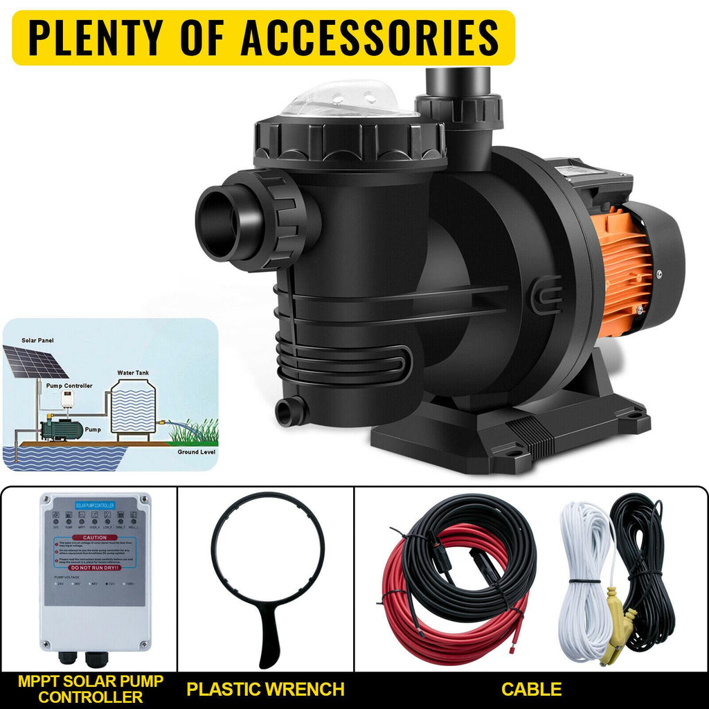 vevor 48v solar powered pool pump 500w 75gpm 49ft water pump w/ mppt controller