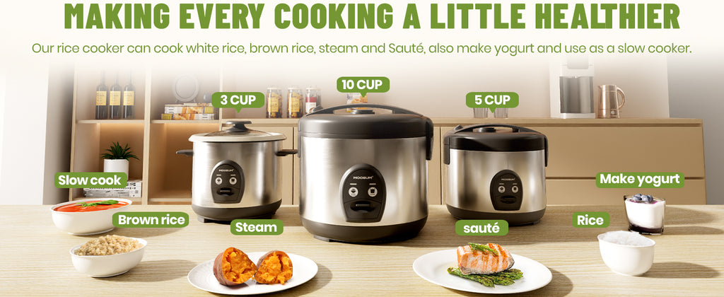 3-Cup Uncooked Rice Cooker Small - Ceramic Coating Non-Toxic Inner Pot, One-Touch Multifunction for Rice/Sauté/Yogurt, Dishwasher Safe, 1-3 People Size,  Steel
