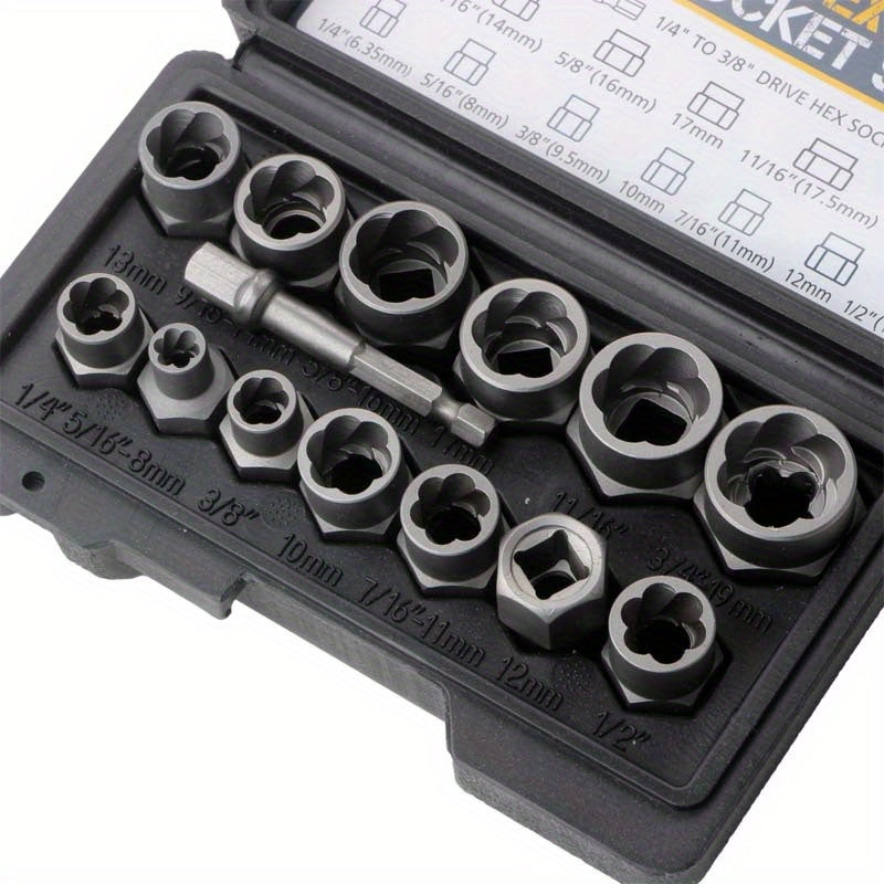 14 Pieces Impact Bolt & Nut Remover Set Pull-Out Sleeve Cr-Mo Bolt Extractor Tool Set With Solid StoraCase Damaged Incomplete Screw Nut Extractor