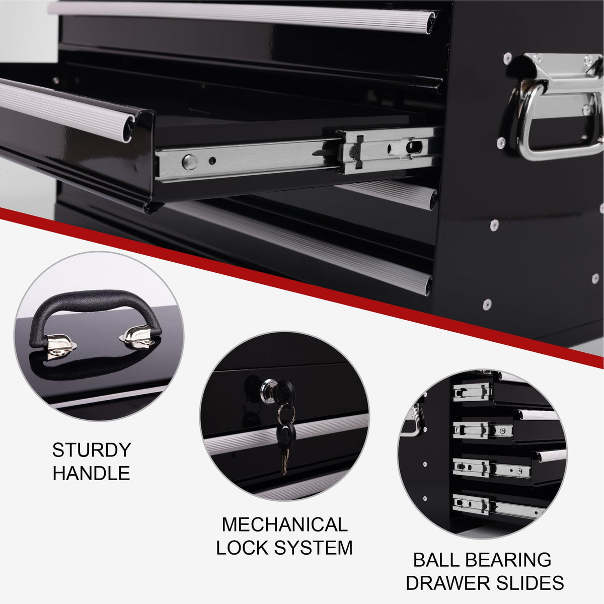 21-Inch Heavy Duty Metal Tool Box,4-Drawer Portable Steel Tool Chest with EVA Liners,Ball Bearing Slides,Lock & Lid, Powder Coated,200LBS,Garage/Workshop/Home/Auto Mechanics Stora(4, Black)