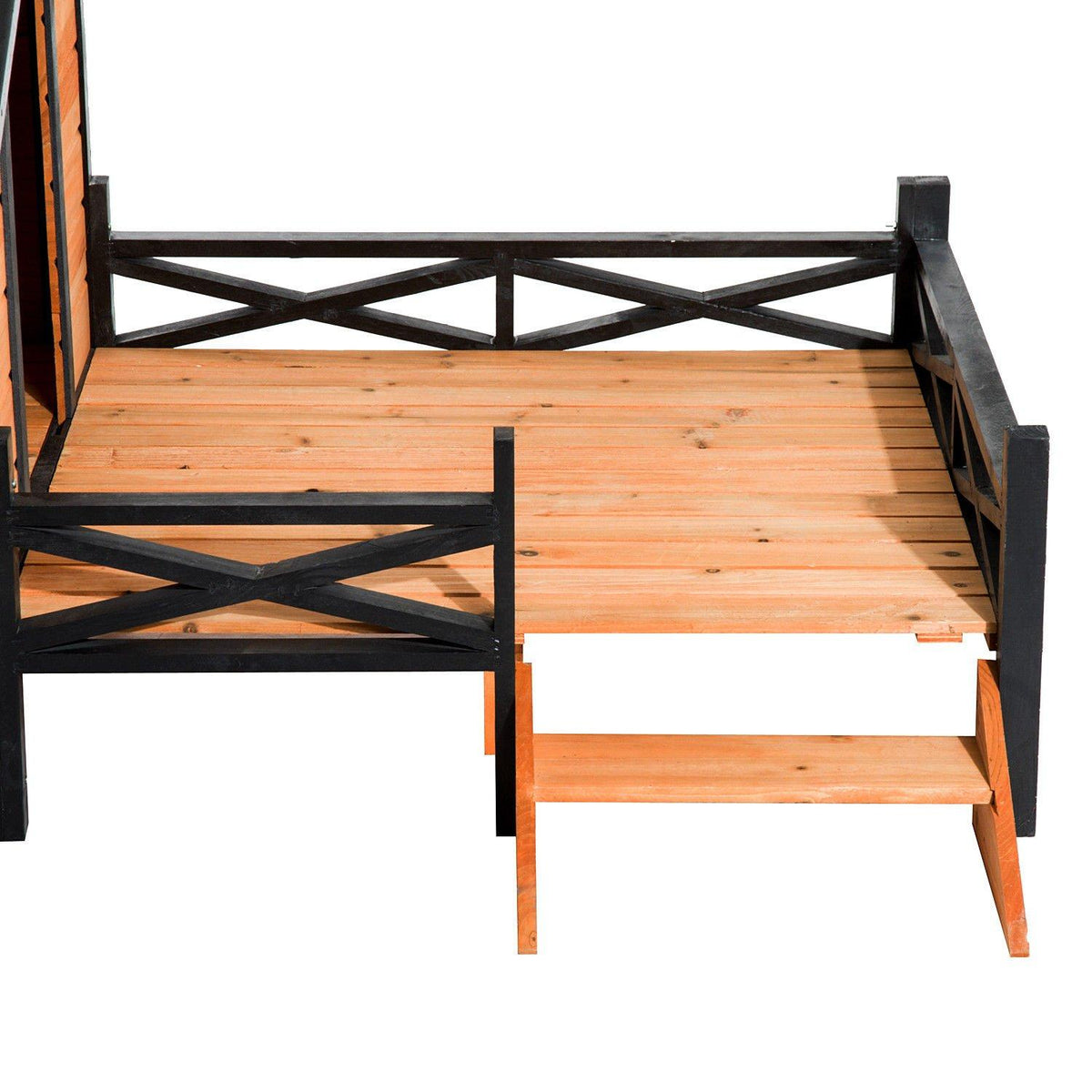 Tidyard Wooden Dog Cabin with Porch and Stair Outdoor Covered Elevated Dog House Backyard Pet Home for Dogs Puppies 67 x 39.5 x 32.75 Inches (L x W x H)