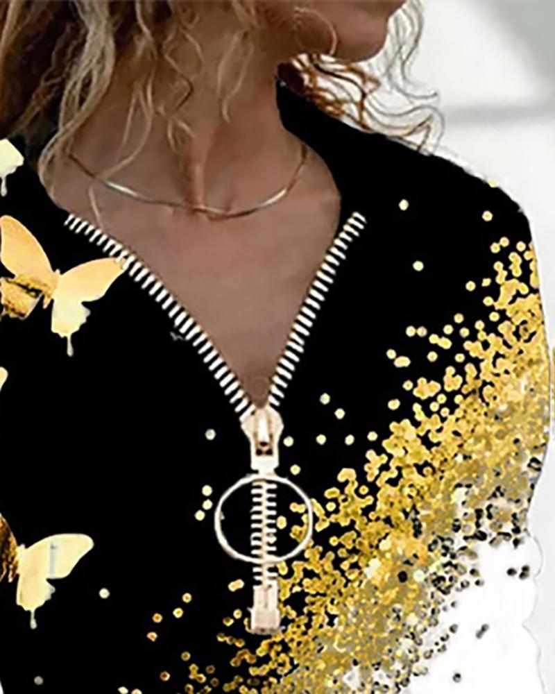 Butterfly Print Colorblock Zip Front Top