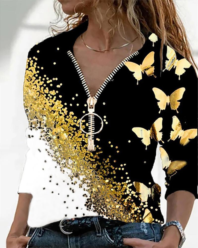 Butterfly Print Colorblock Zip Front Top
