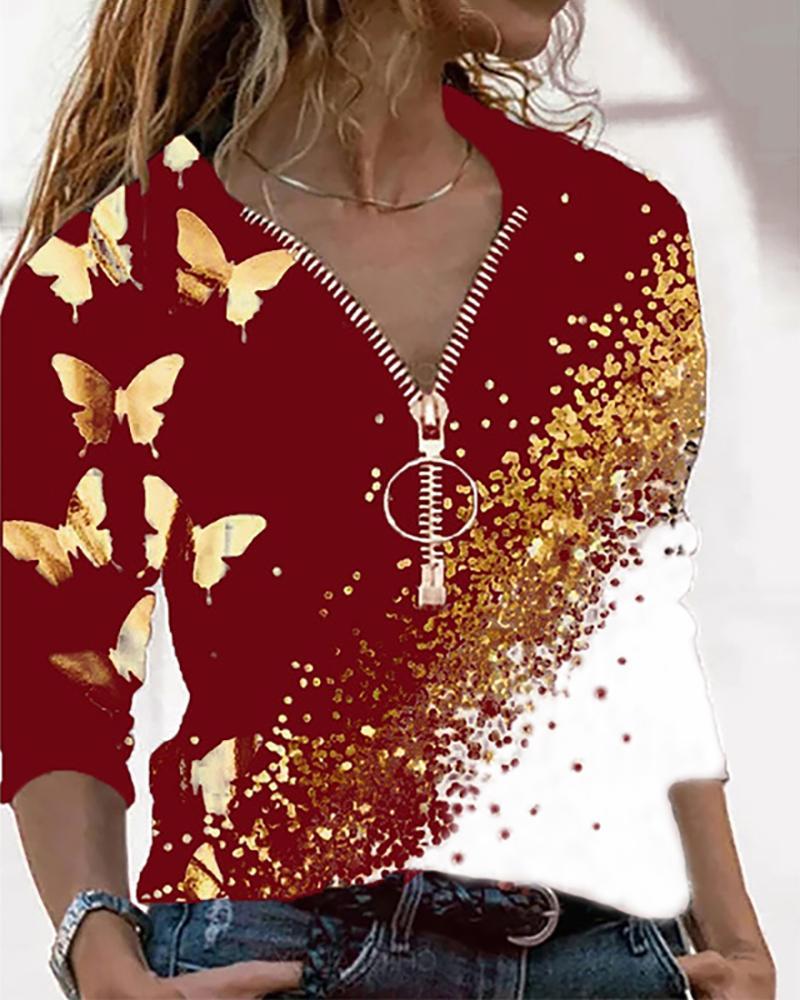 Butterfly Print Colorblock Zip Front Top
