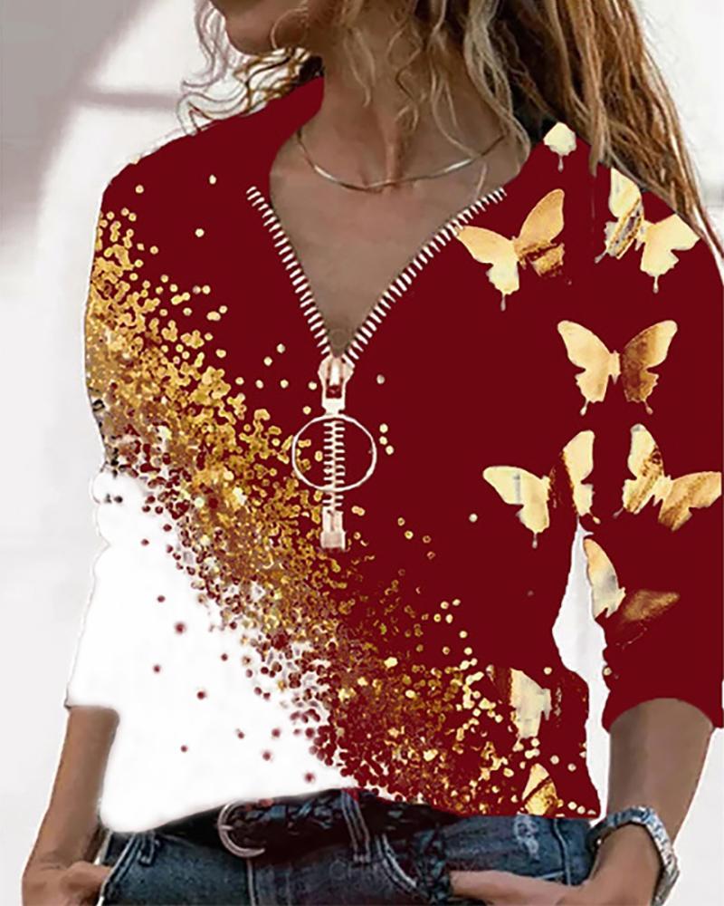 Butterfly Print Colorblock Zip Front Top