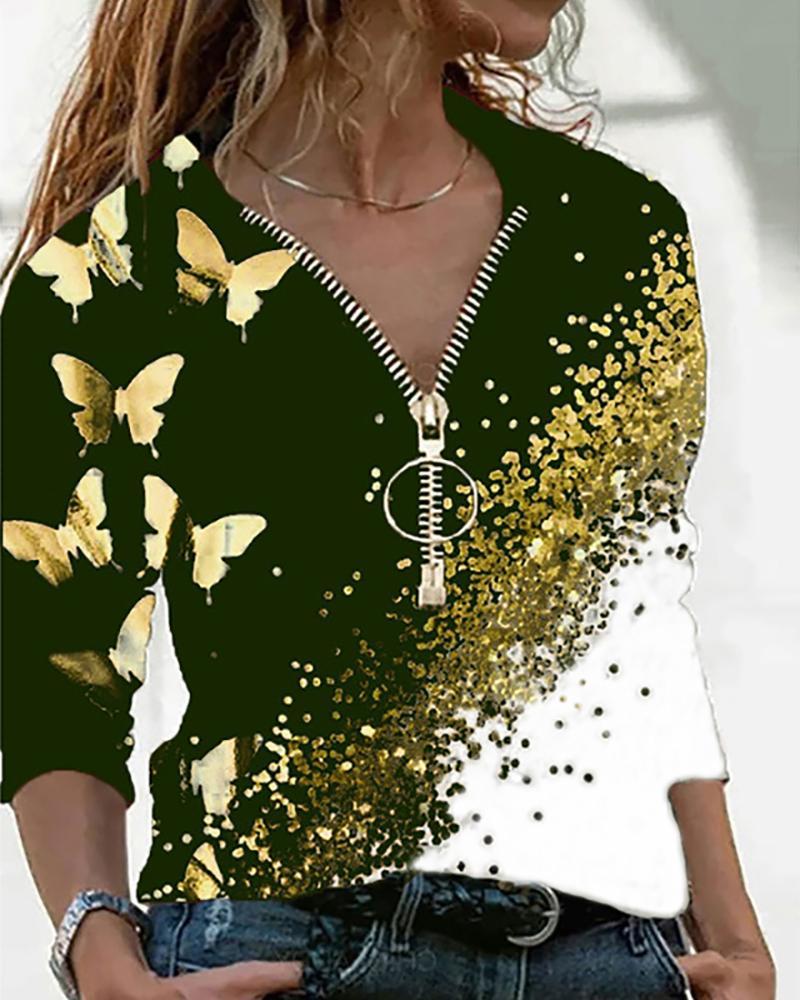 Butterfly Print Colorblock Zip Front Top