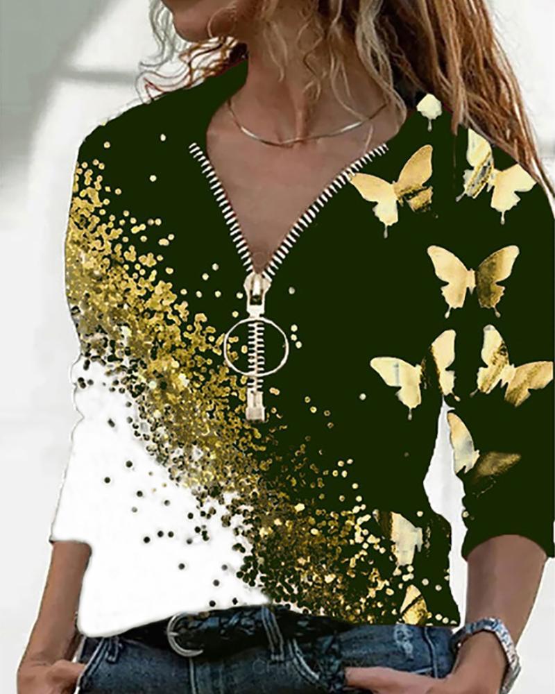 Butterfly Print Colorblock Zip Front Top