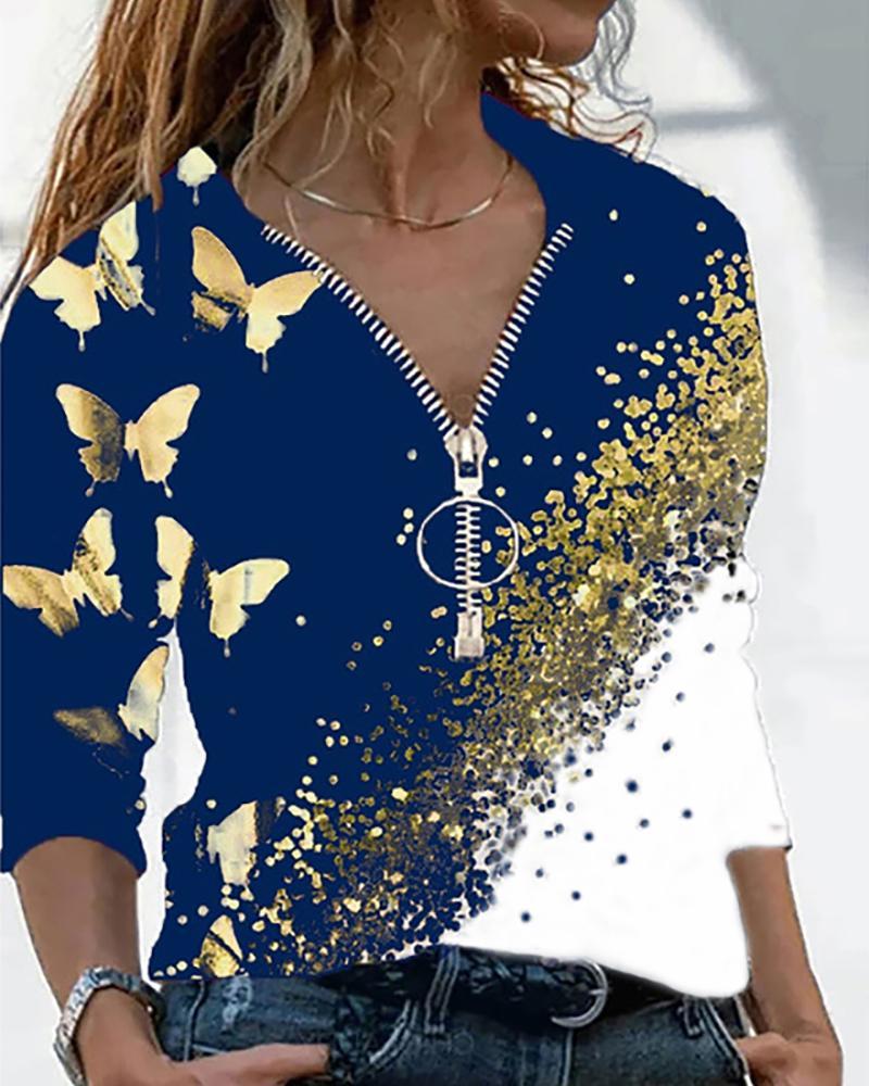 Butterfly Print Colorblock Zip Front Top